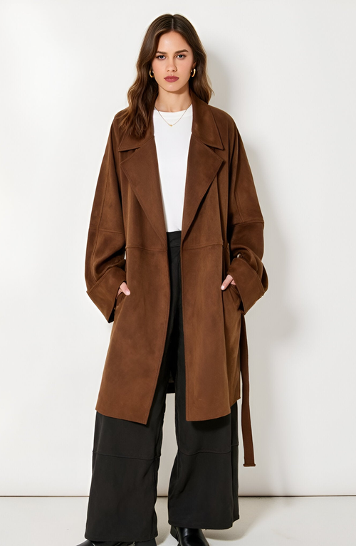 Modenaire Oversized Faux Suede Coat With Wide Lapels And Side Pockets In Brown
