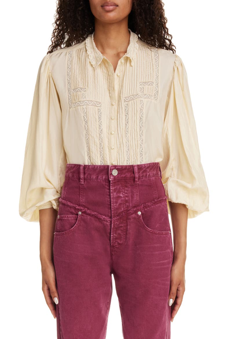Zayen Pleated Balloon Sleeve Lace Button-Up Shirt, Main, color, VANILLA