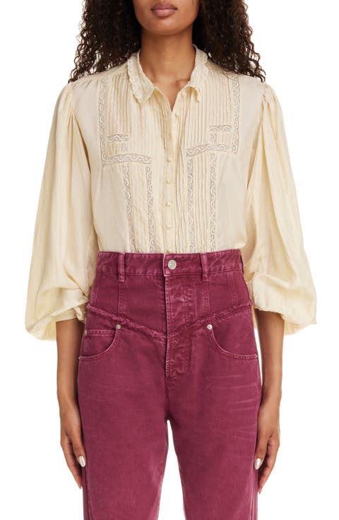 Zayen Pleated Balloon Sleeve Lace Button-Up Shirt