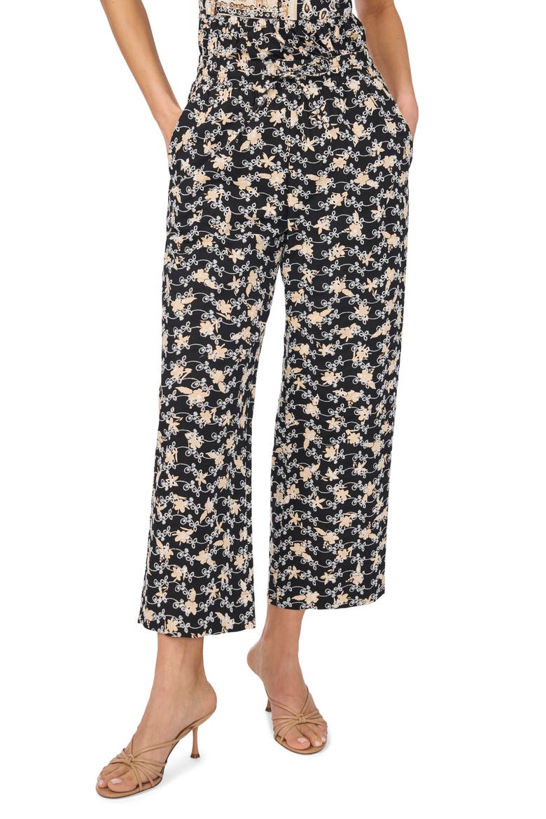 Embroidered Ankle Wide Leg Pull-On Pants, Main, color, RICH BLACK