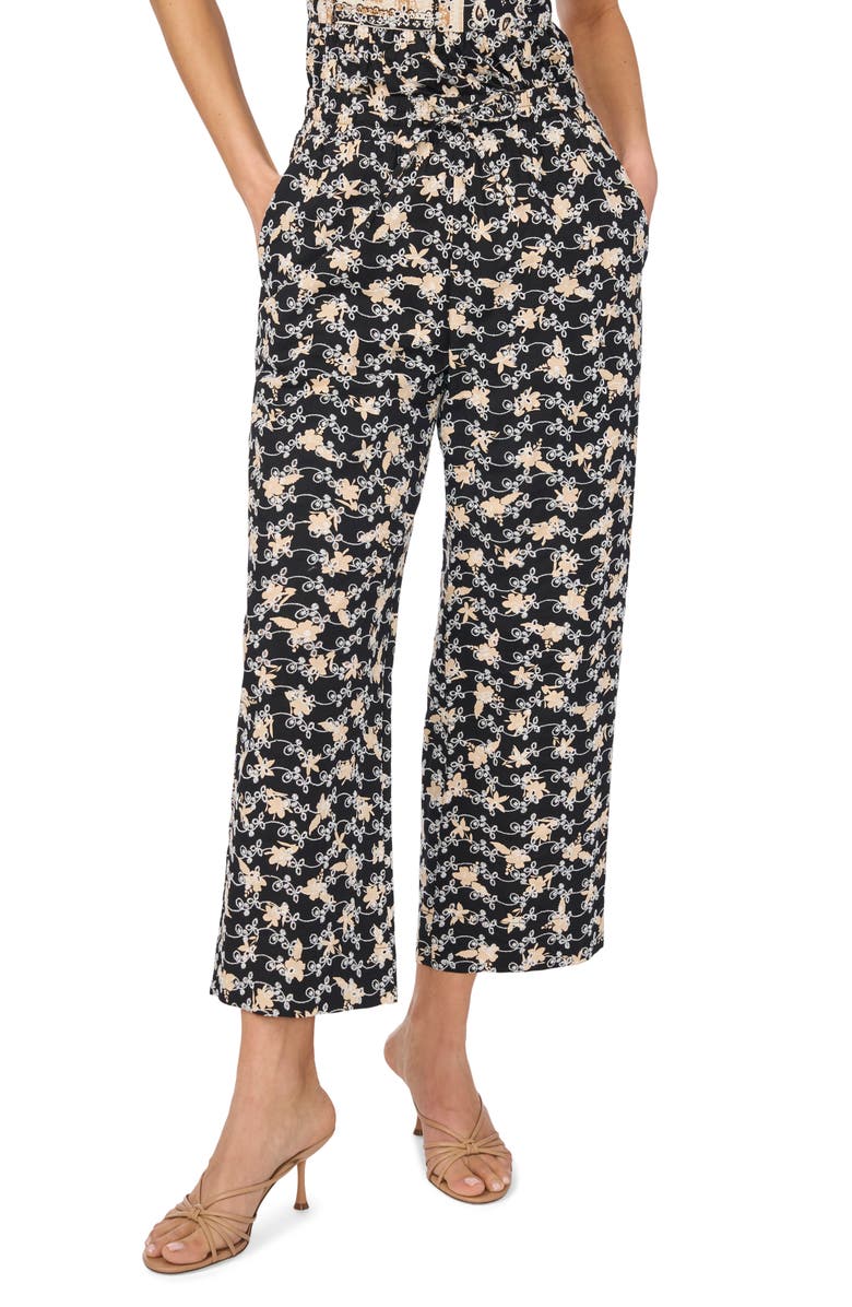 CeCe Embroidered Ankle Wide Leg Pull-On Pants, Main, color, Rich Black