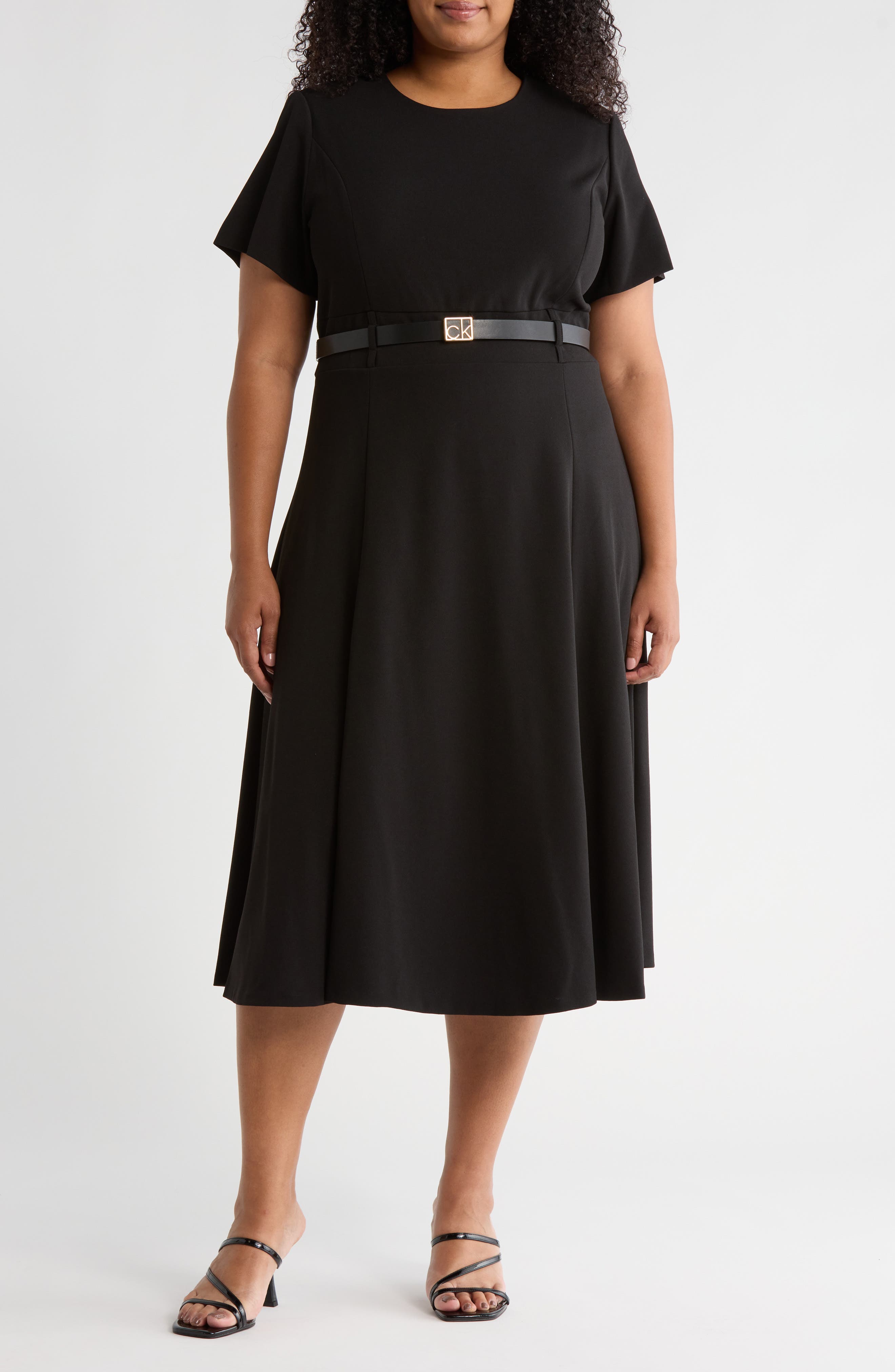 Calvin Klein Short Sleeve Belted A-Line Midi Dress