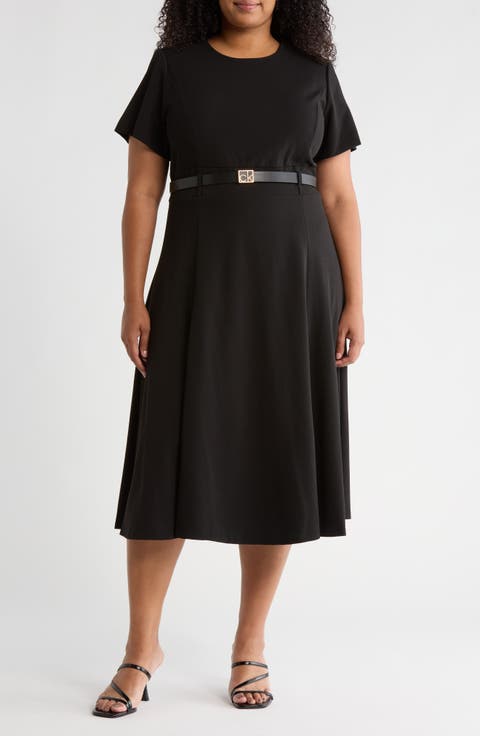 Short Sleeve Belted A-Line Midi Dress (Plus)