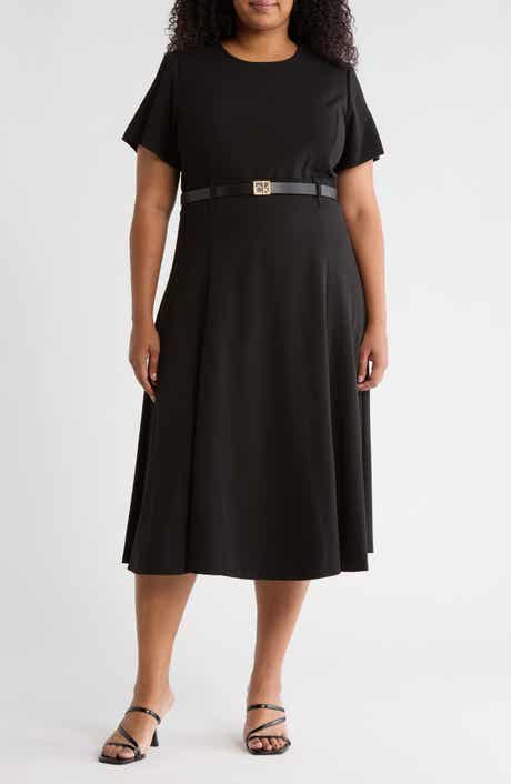 Calvin Klein Short Sleeve Belted A-Line Midi Dress