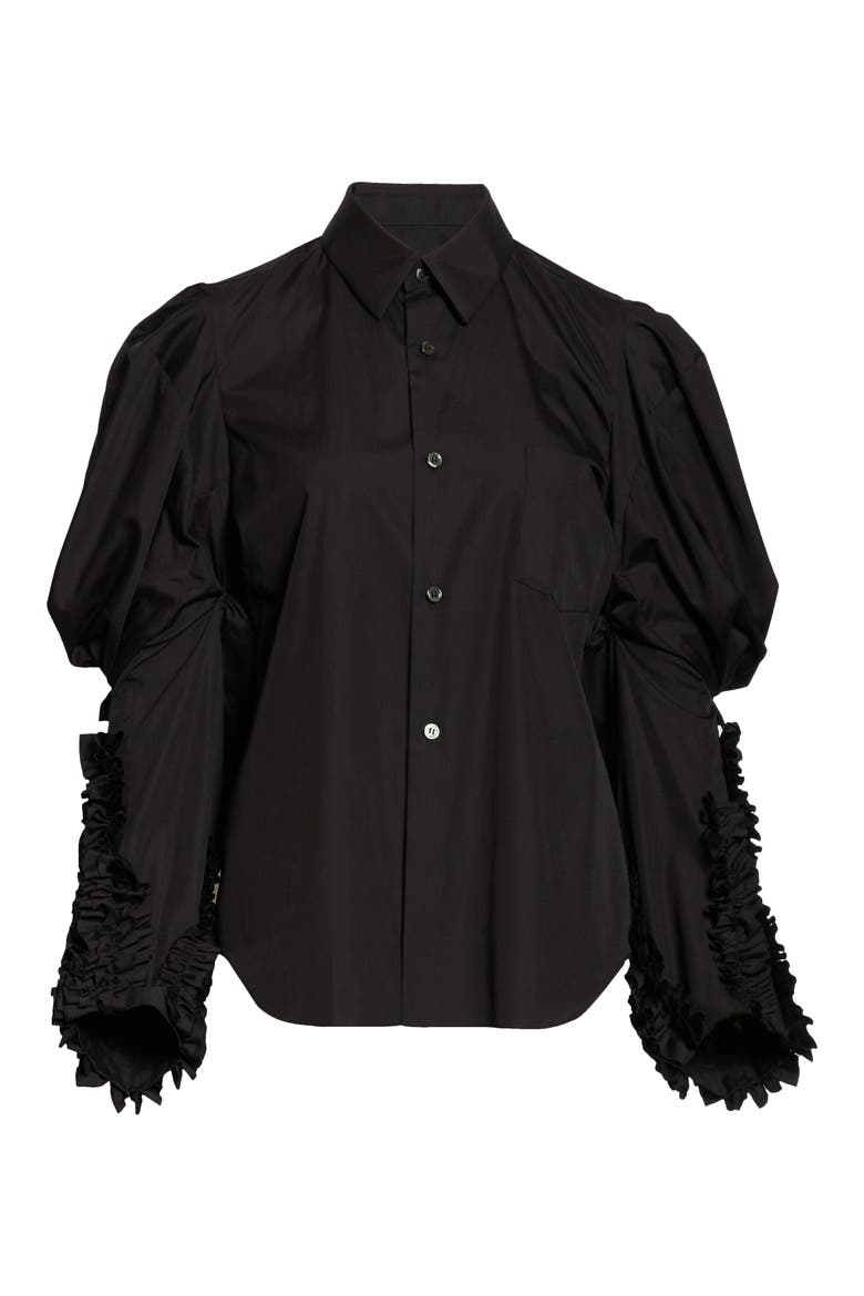 Puff Sleeve Ruffle Cotton Shirt, Alternate, color, BLACK