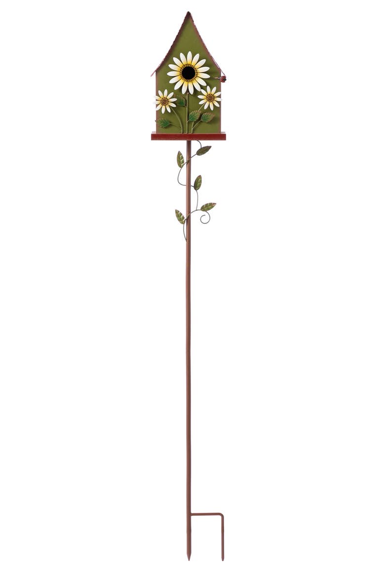 52"H Metal Daisy Decorative Garden Birdhouse with Stake, Main, color, Green