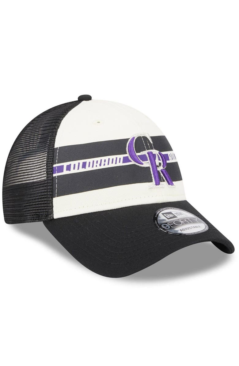 New Era Men's New Era White/Black Colorado Rockies Team Stripe Trucker 9FORTY Snapback Hat, Alternate, color, 