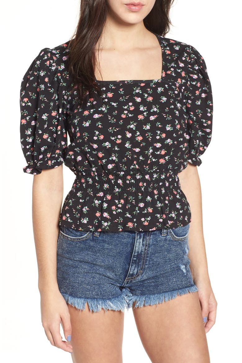 Floral Print Smock Waist Top, Main, color, BLACKGROUND FLORAL