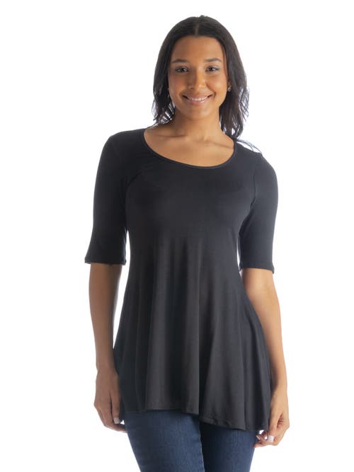 24seven Comfort Apparel Petite Elbow Sleeve Swing Crew Neck Tunic Top In Black