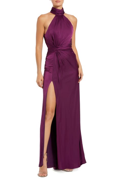 Petite Open Back High Neck Side Ruched Gown