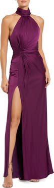 Mac Duggal Petite Open Back High Neck Side Ruched Gown