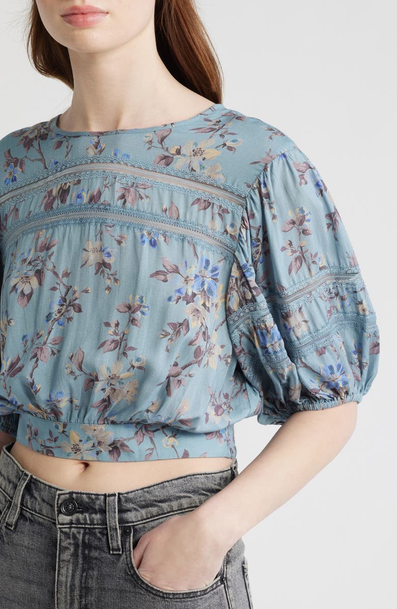 AllSaints Floral Lace Trim Top, Alternate, color, Vine Lake Blue