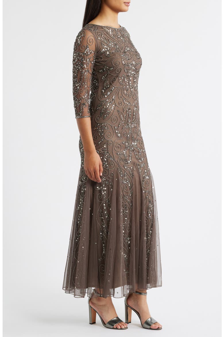 Illusion Sleeve Beaded A-Line Gown, Alternate, color, MOCHA