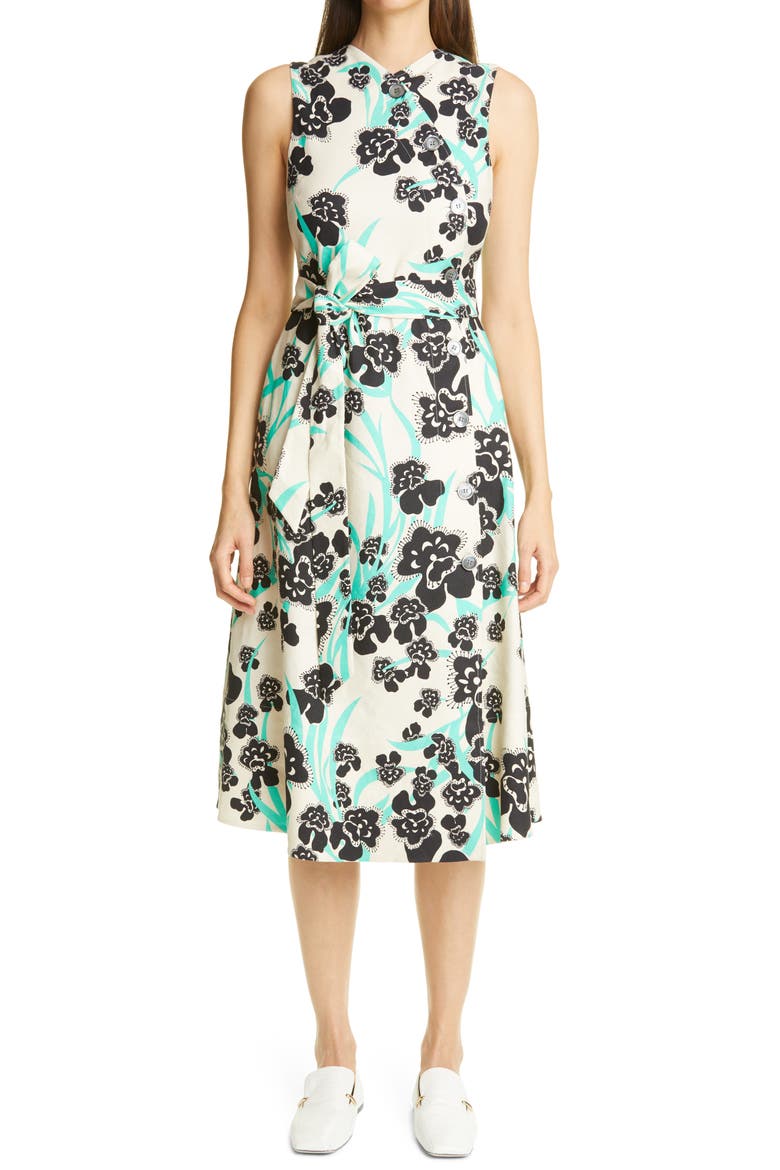 Belted Stretch Twill A-Line Dress, Main, color, CHAMOMILE MULTI CHMT