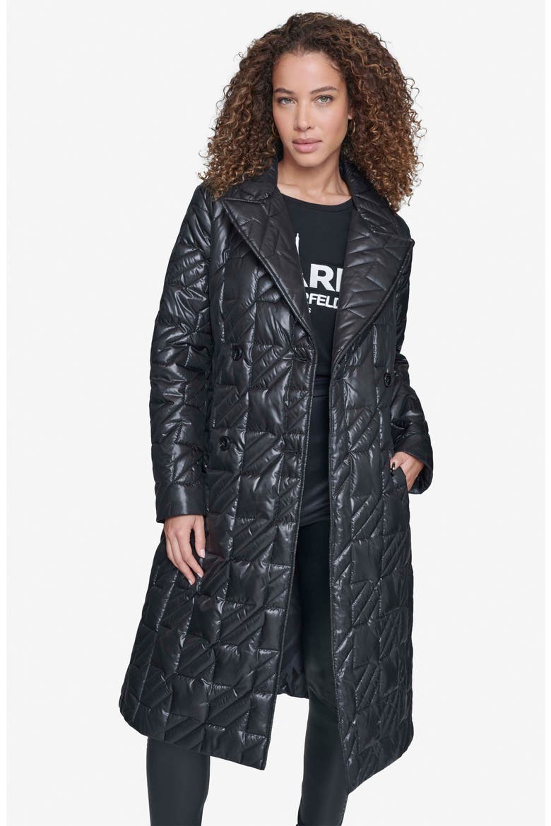 Houndstooth Quilted Tie Belt Double Breasted Trench Coat, Alternate, color, BLACK