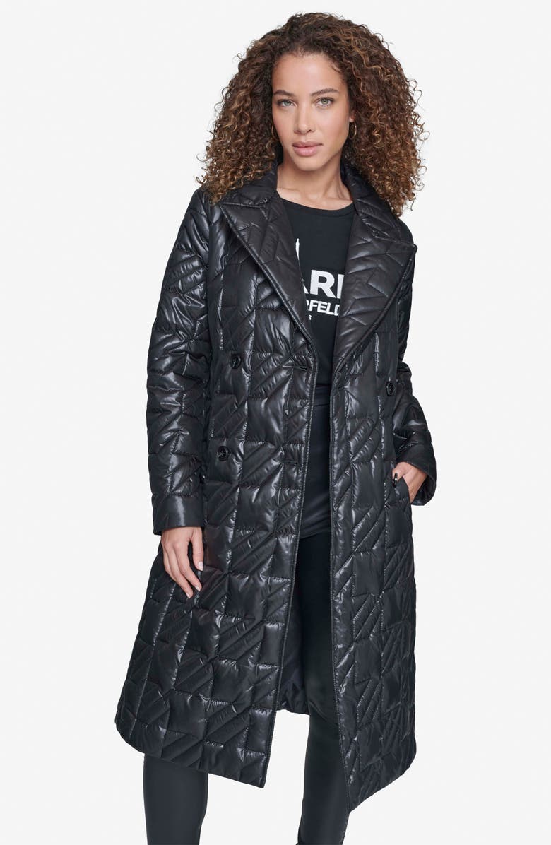 KARL LAGERFELD PARIS Houndstooth Quilted Tie Belt Double Breasted Trench Coat, Alternate, color, Black