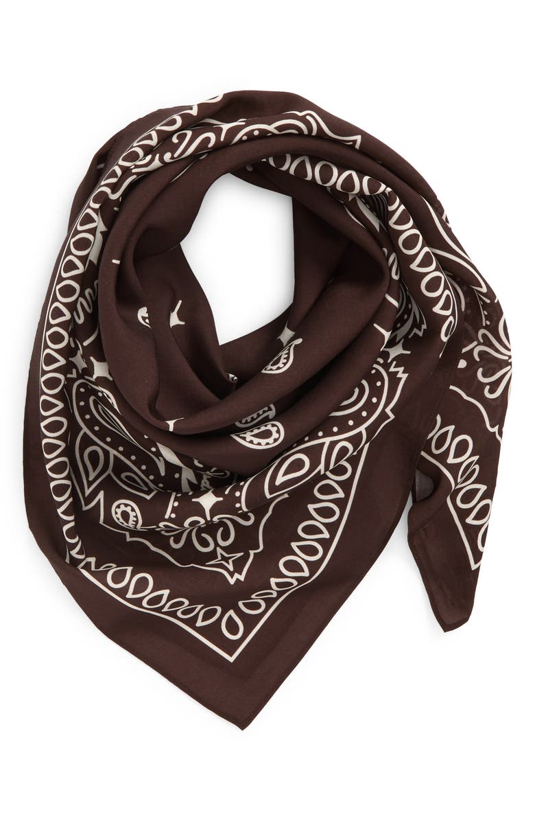 MIDNIGHT RODEO x La Porte Paisley Print Square Scarf, Main, color, Brown Bandana Print
