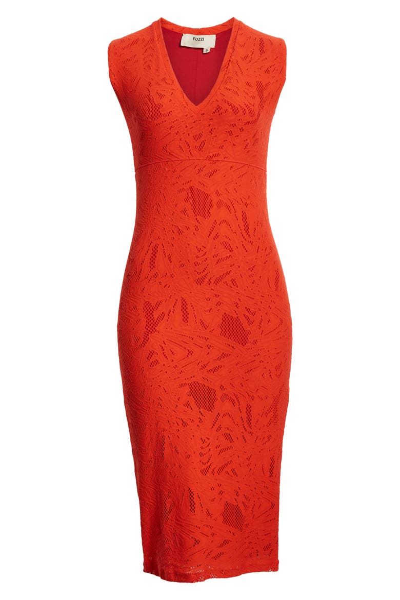 Lace V-Neck Midi Dress, Alternate, color, RUBINO