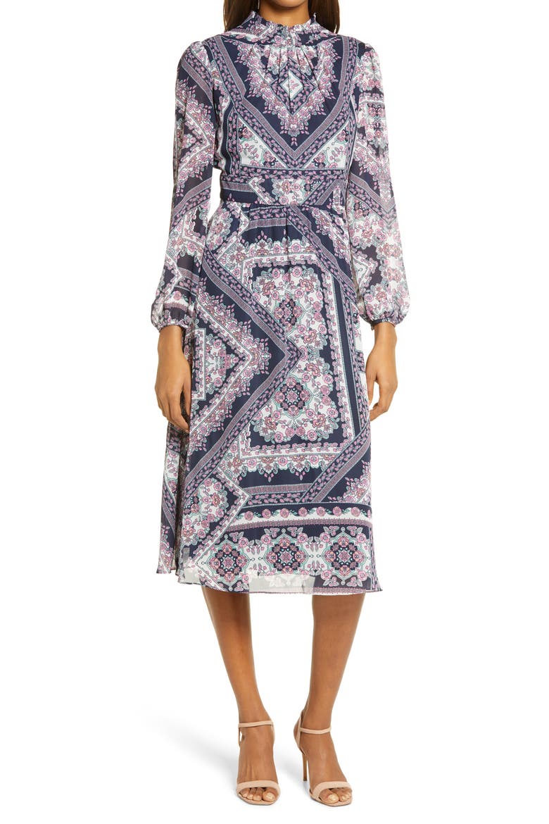 Tile Print Mock Neck Long Sleeve Midi Dress, Main, color, NAVY/ PINK