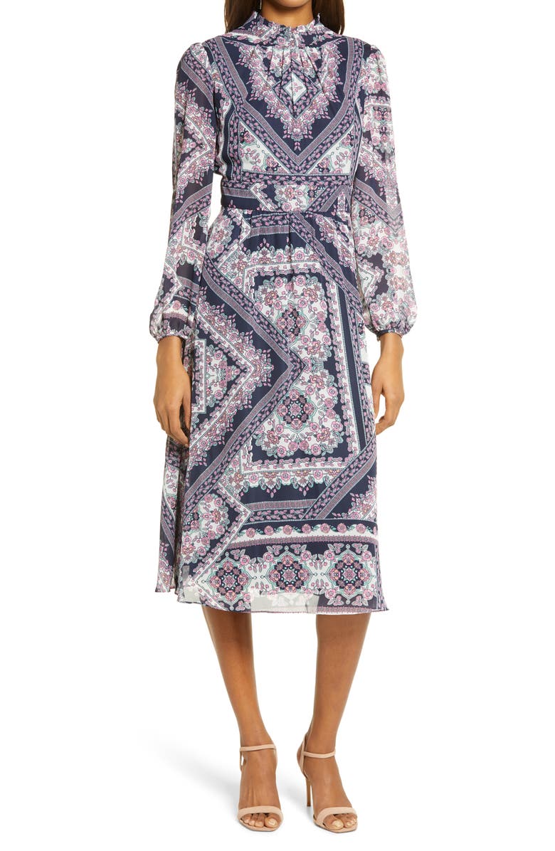 Julia Jordan Tile Print Mock Neck Long Sleeve Midi Dress, Main, color,