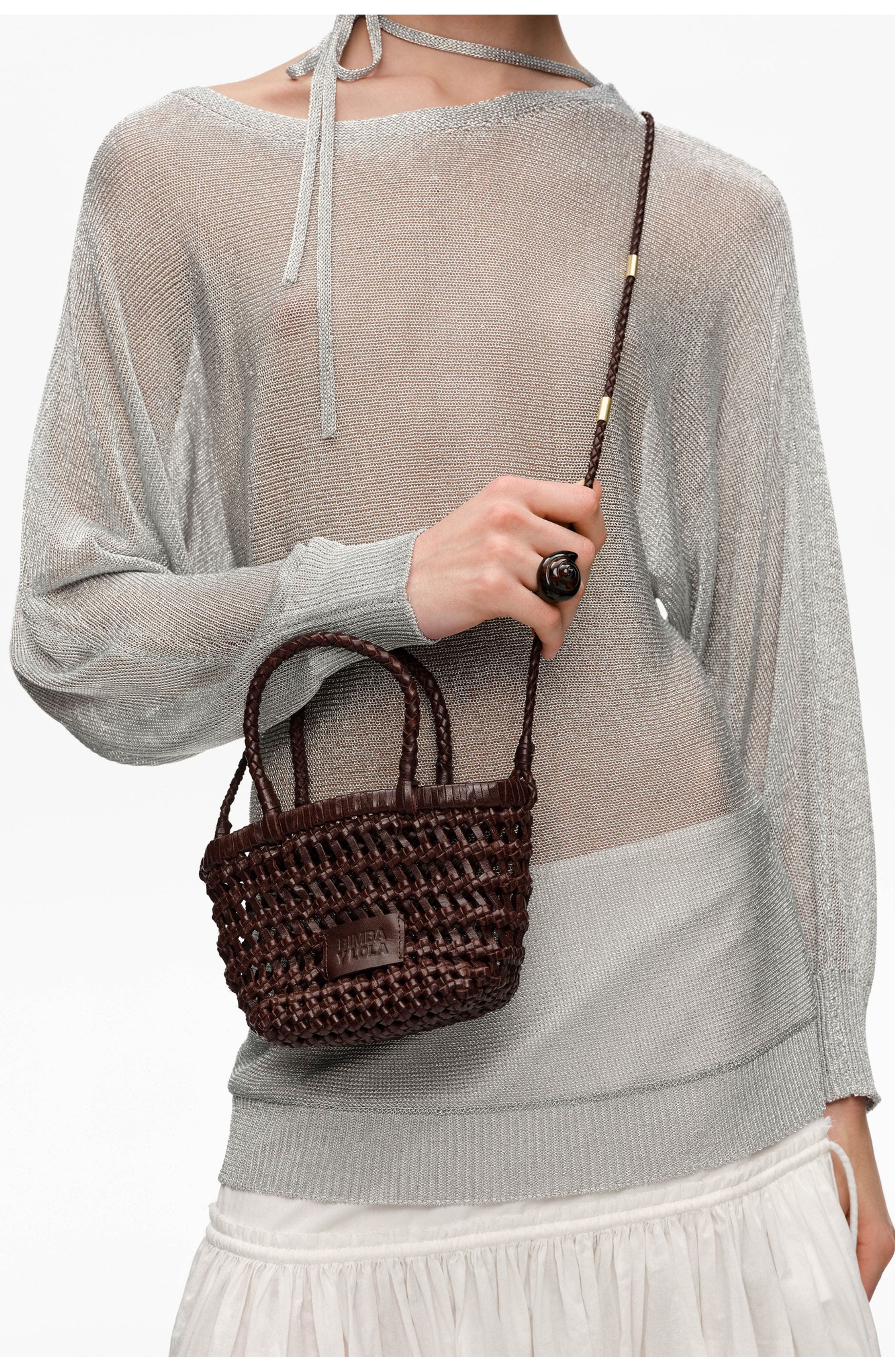 Bimba y Lola Plaited Mini Bag in Leather, Alternate, color, Dark Brown