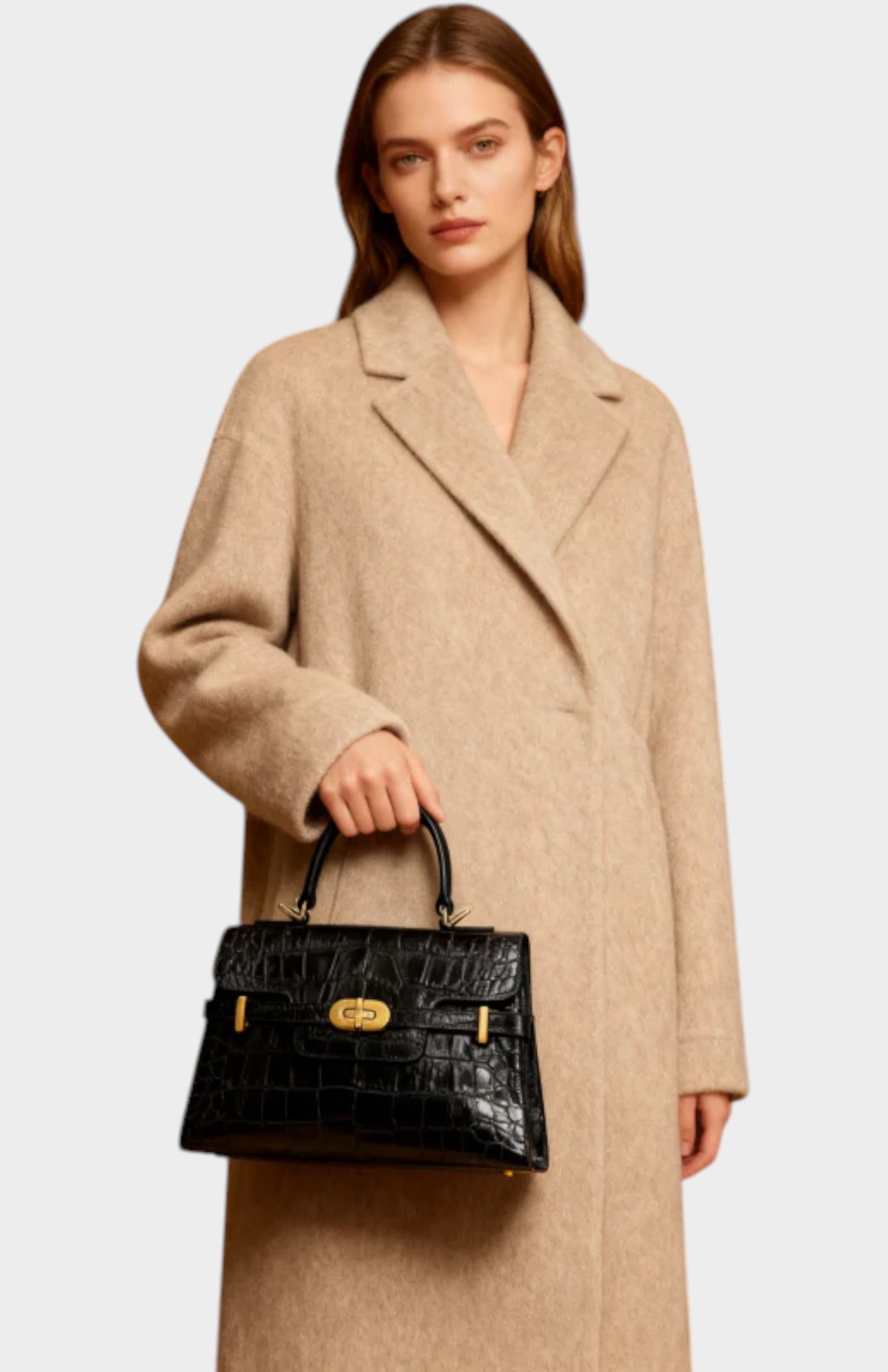 Kensington Croc Embossed Leather Top Handle Bag, Alternate, color, Black