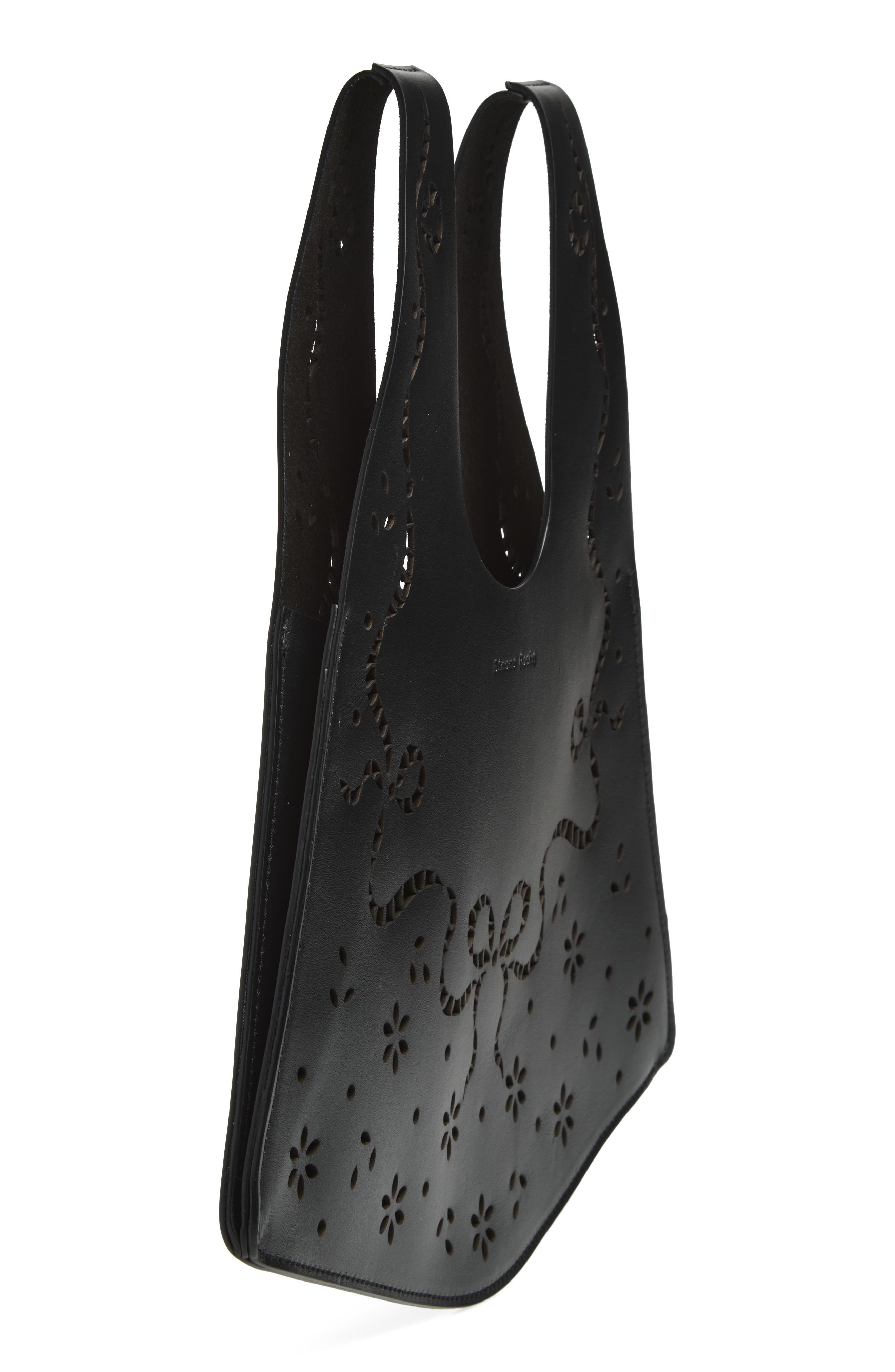 Mini Lasercut Leather Shopper, Alternate, color, BLACK