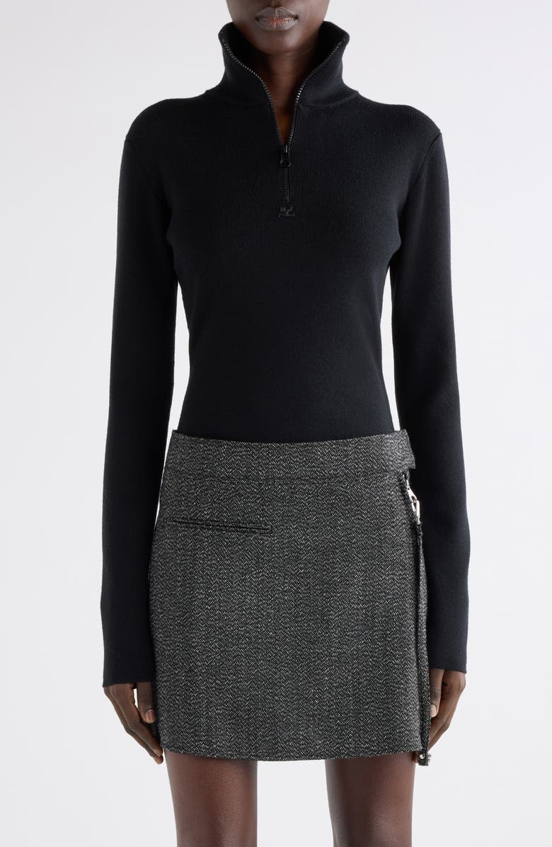 Courrèges Merino Wool Mock Neck Half Zip Sweater, Alternate, color, Black