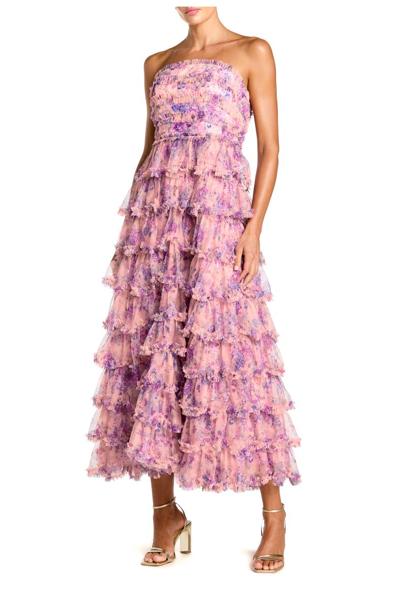 Mac Duggal Printed Mesh Strapless Ruffle A Line Midi Dress, Main, color, Orchid Multi