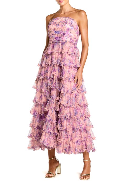 Printed Mesh Strapless Ruffle A Line Midi Dress