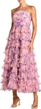 Mac Duggal Printed Mesh Strapless Ruffle A Line Midi Dress