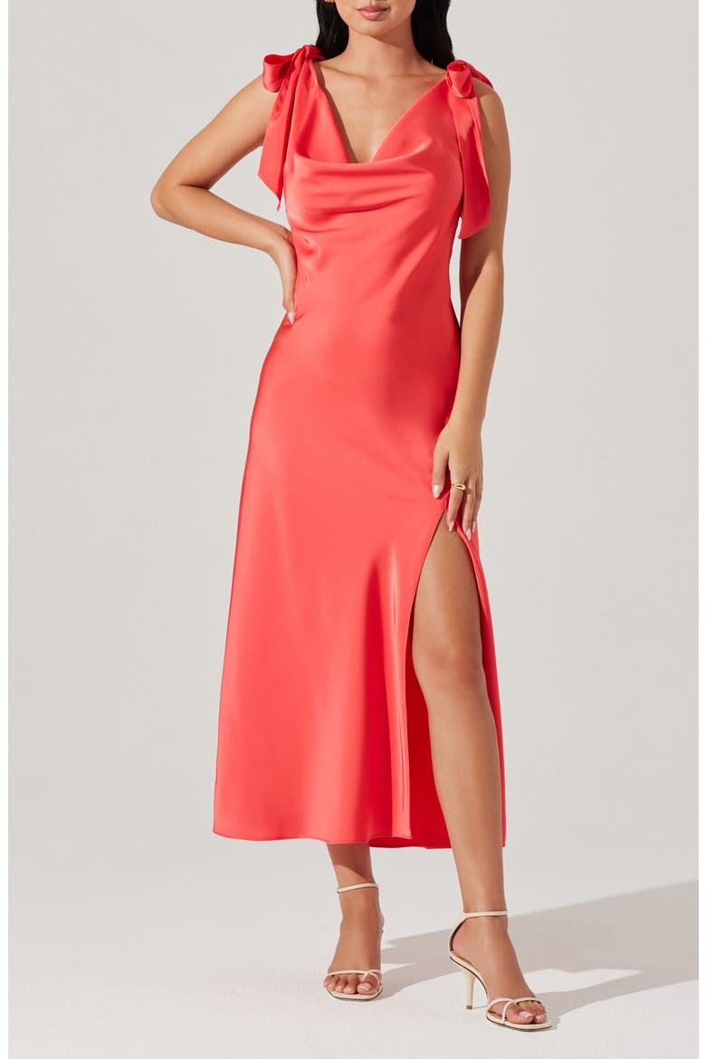 Allexina Tie Shoulder Satin Midi Dress, Main, color, CORAL
