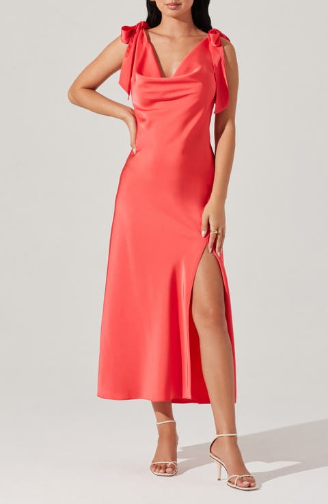 Allexina Tie Shoulder Satin Midi Dress