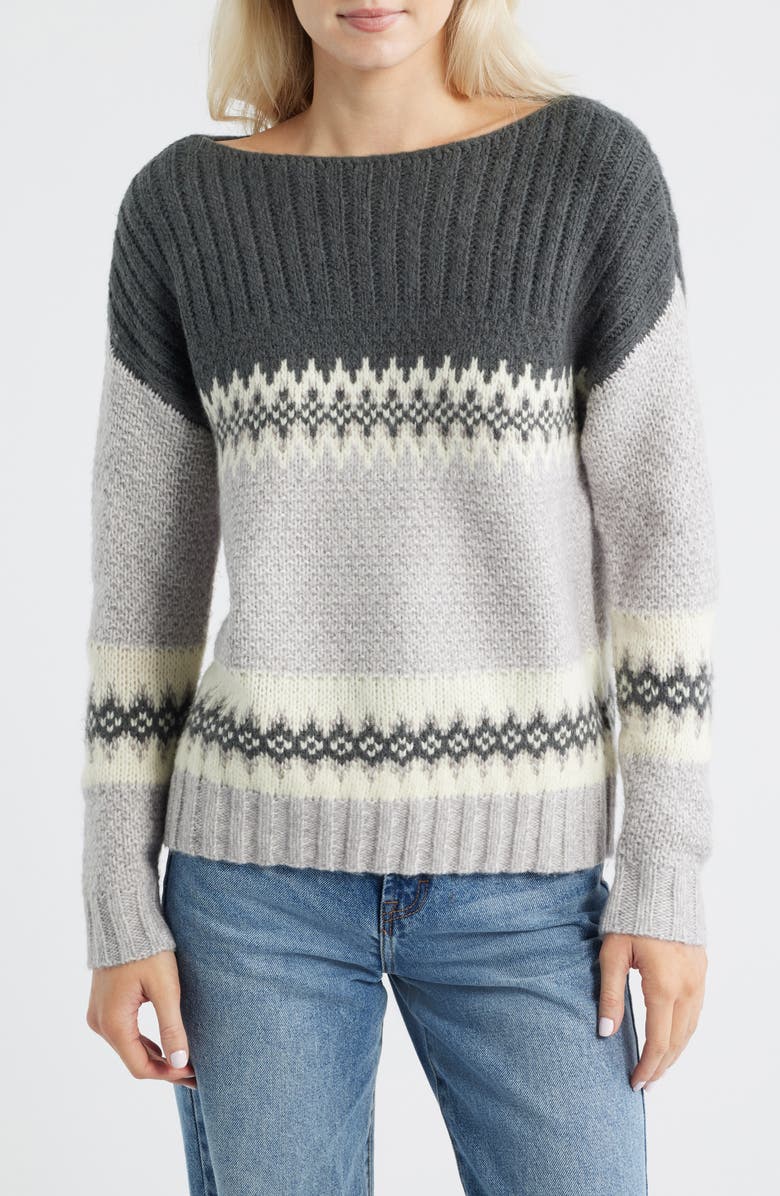 Lucky Brand Fair Isle Boat Neck Sweater, Main, color, Micro Chip