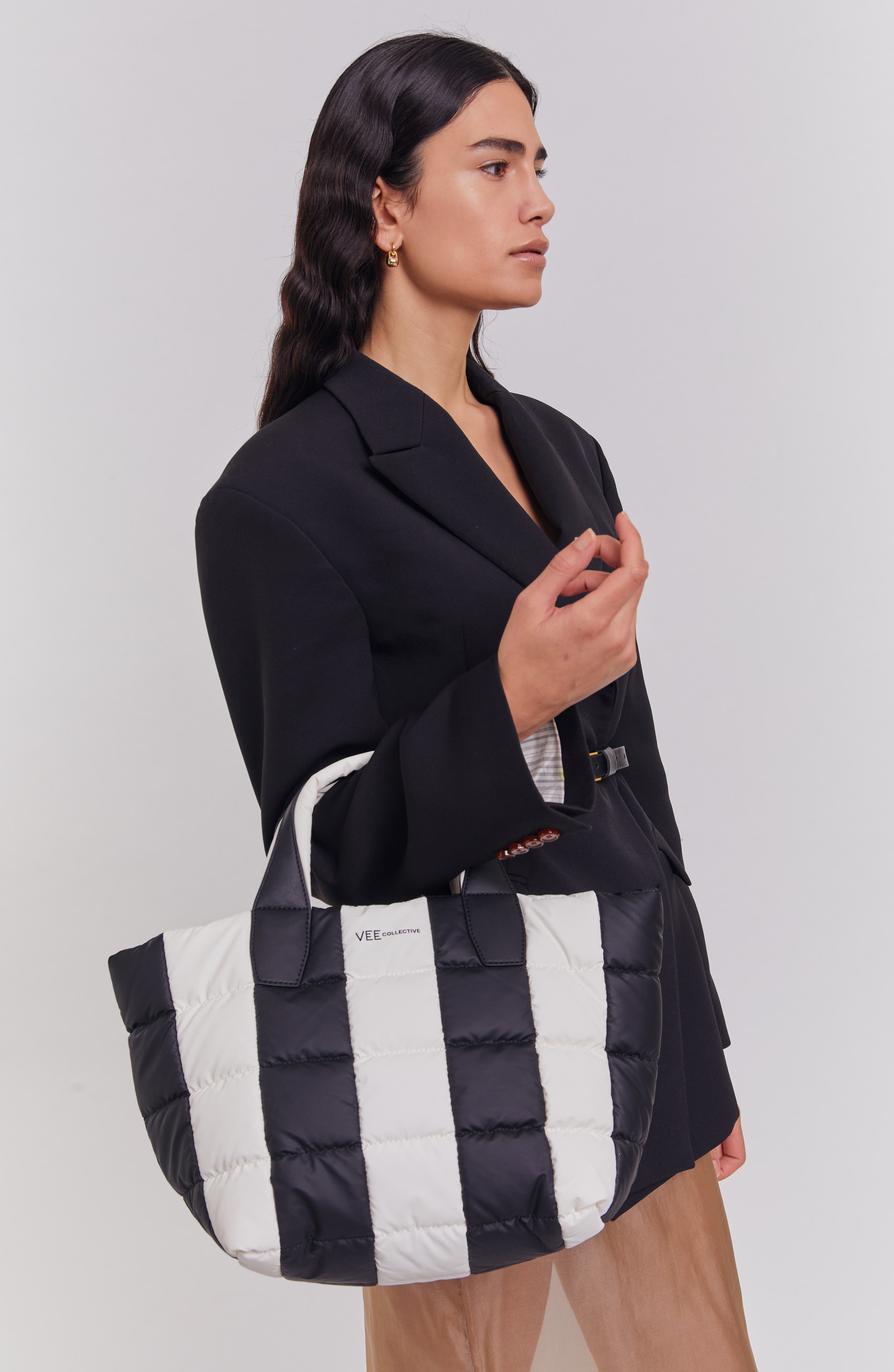 VeeCollective Small Porter Colorblock Recycled Nylon Tote, Alternate, color, Black - Marshmallow Stripes