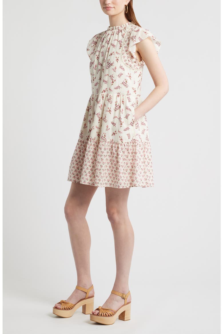 Tiered High Neck Shift Minidress, Alternate, color, IVORY- PINK GARDEN DITSY MIX