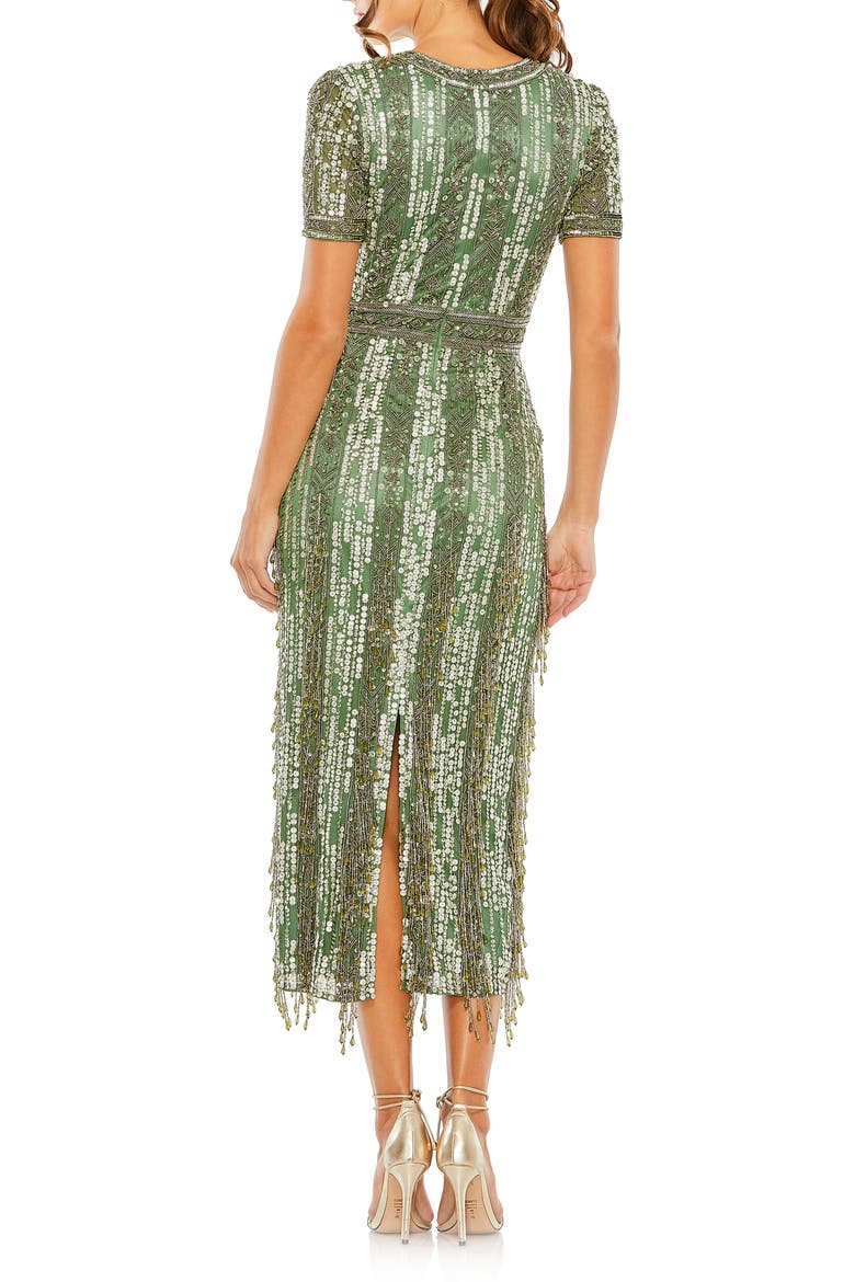 Women's High Neck Short Sleeve Crystal Fringe Column Dress, Alternate, color, SAGE