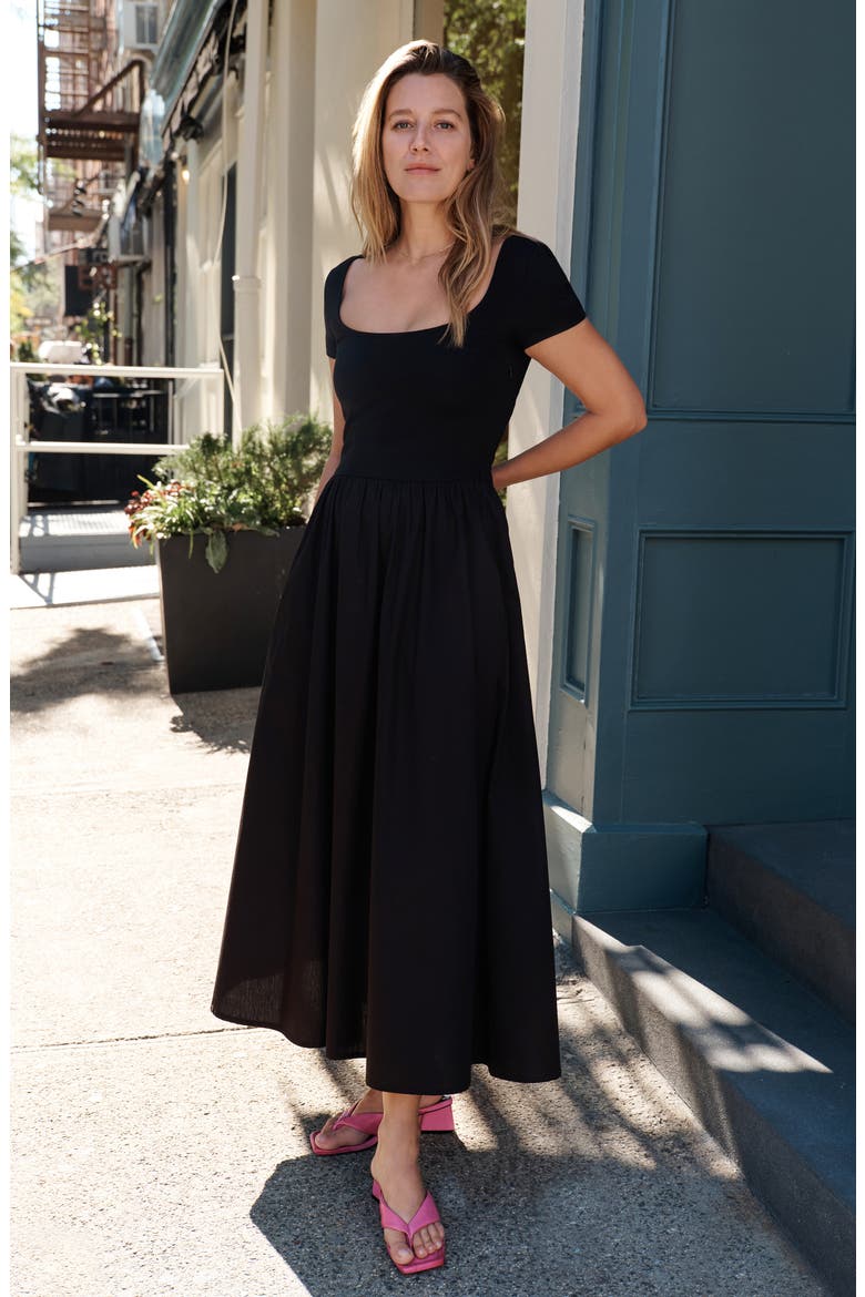 Sierra Mixed Media Midi Dress, Alternate, color, BLACK
