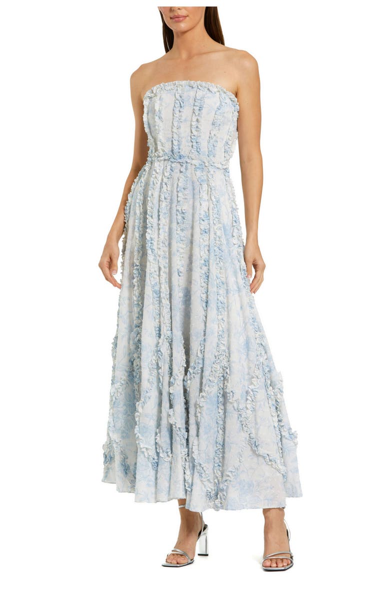 Mac Duggal Floral Print Strapless Cotton Gown Featuring Ruffled Accents, Main, color, Blue Multi