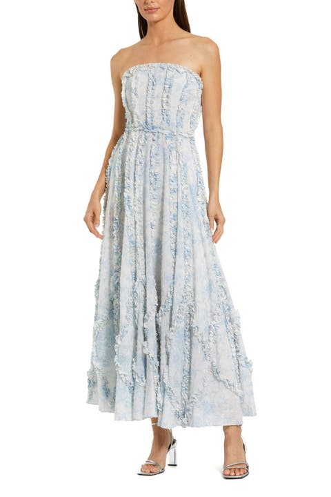 Floral Print Strapless Cotton Gown Featuring Ruffled Accents