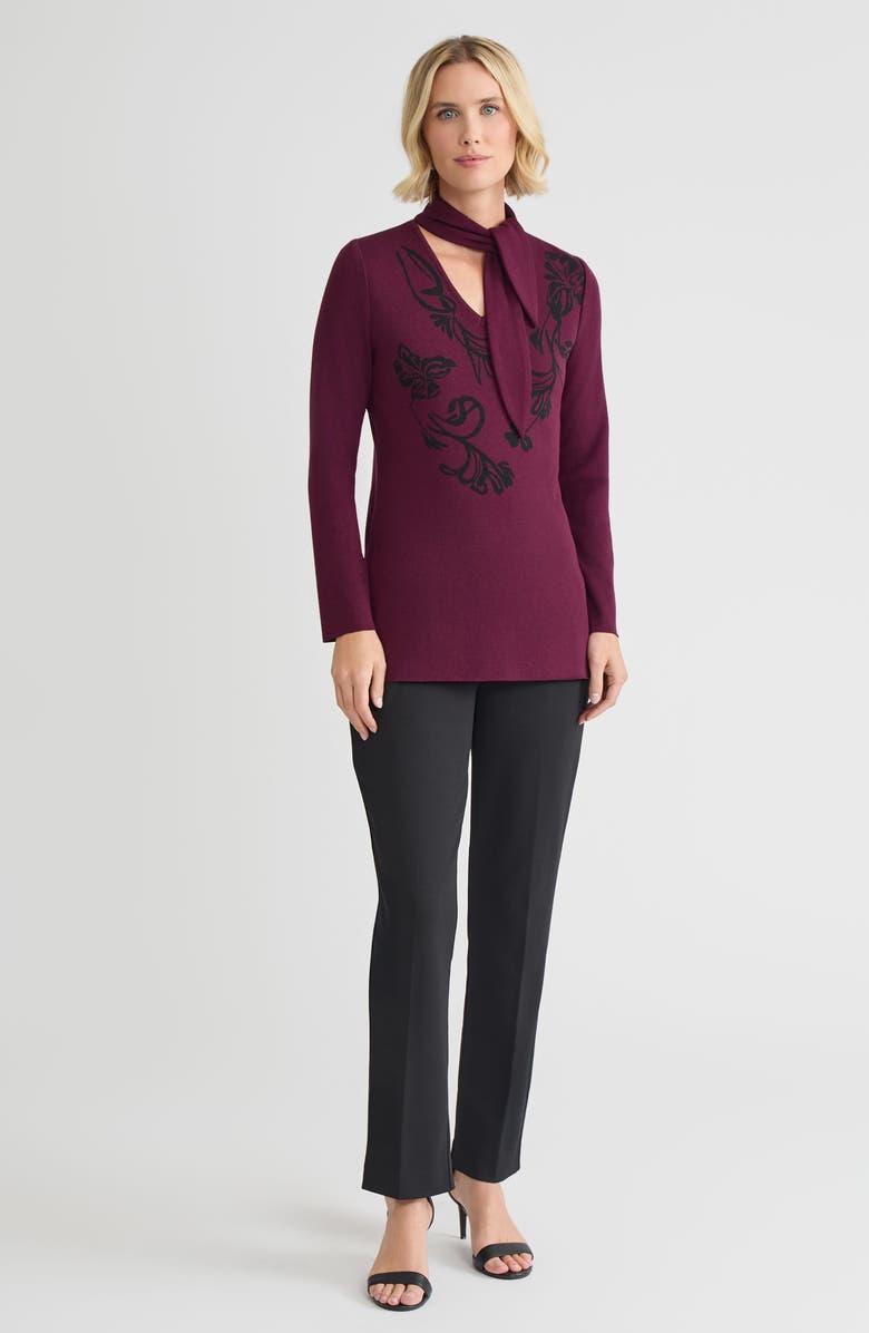 Ming Wang Tie-Neck Floral Jacquard Soft Knit Tunic, Alternate, color, Midnight Violet/Black