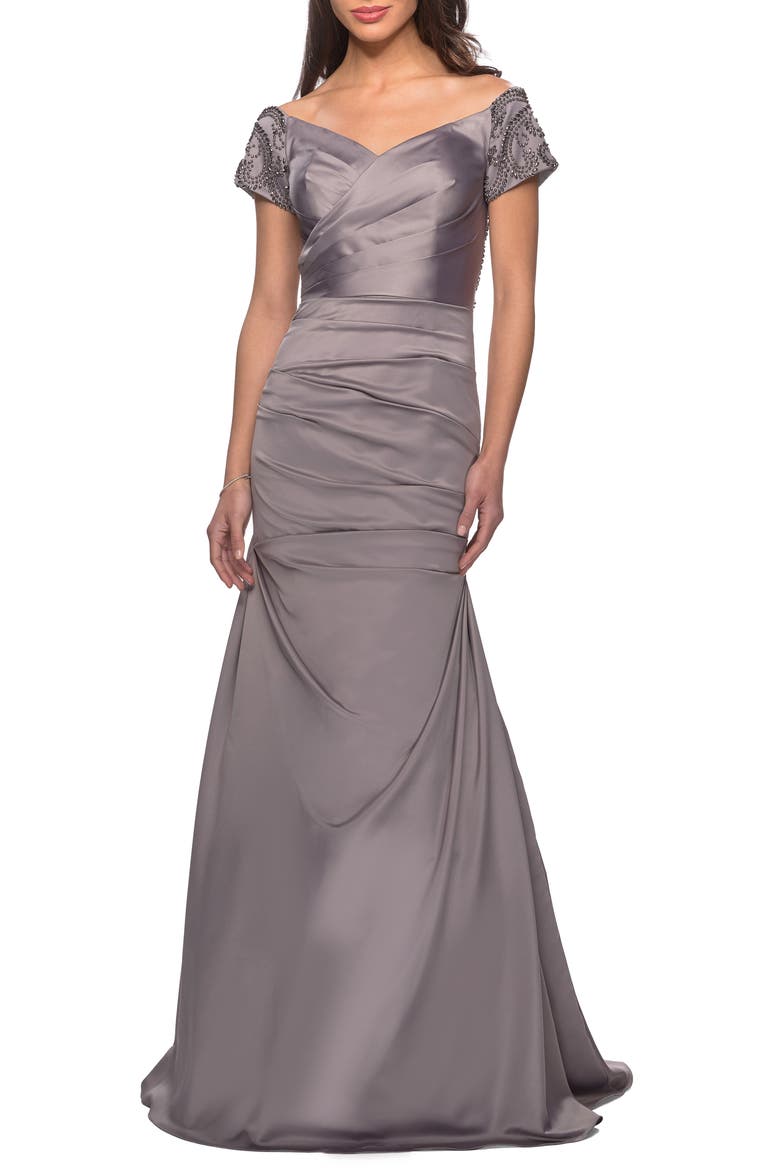 Off the Shoulder Beaded Satin Trumpet Gown, Main, color, SILVER
