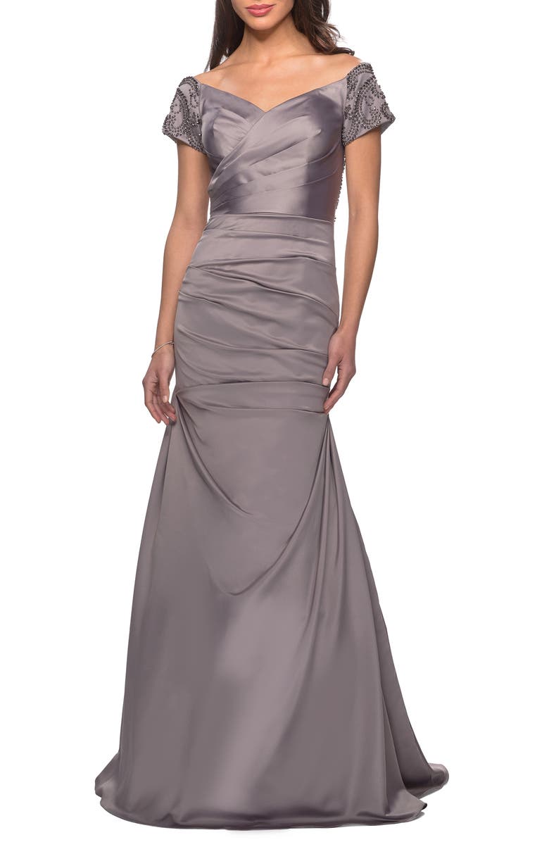 La Femme Off the Shoulder Beaded Satin Trumpet Gown, Main, color,