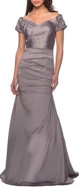 La Femme Off the Shoulder Beaded Satin Trumpet Gown