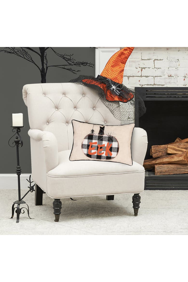 Franklin Plaid Black Pumpkin "Eek" Spider Web Halloween Linen Accent Pillow, 14" x 22", Alternate, color, Beige