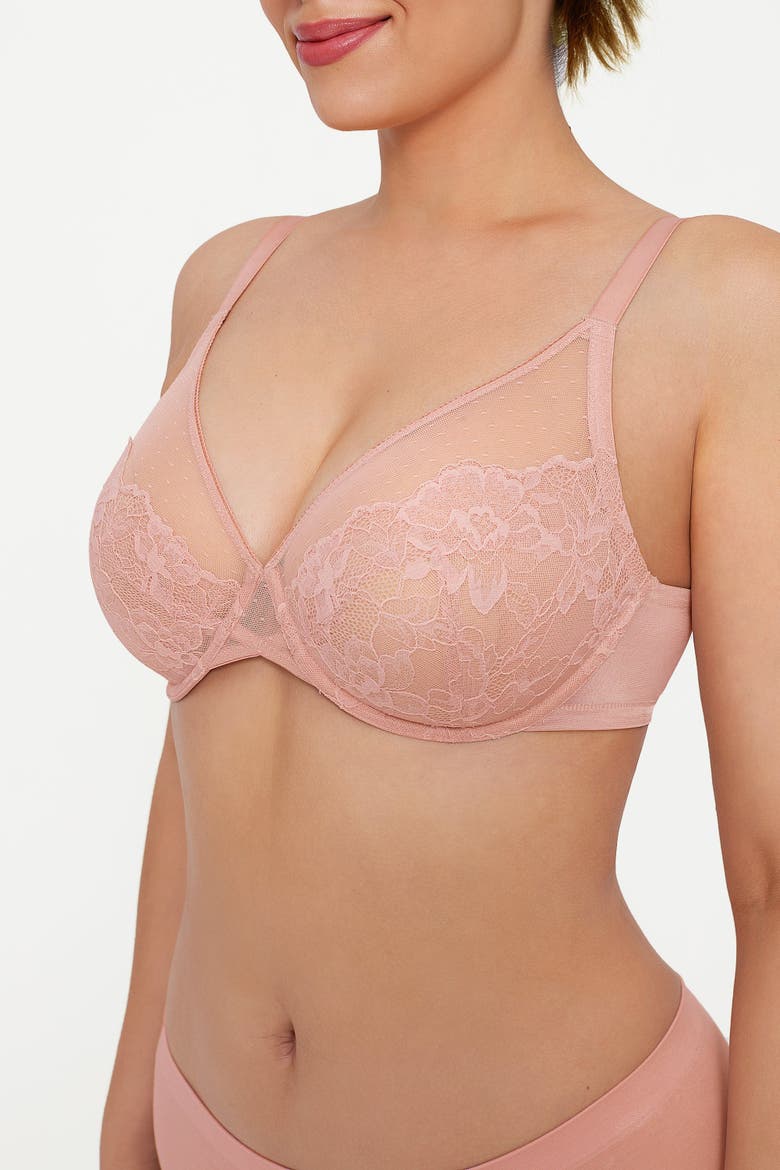 Lightweight Underwire Minimizer Lace Mesh Bra, Alternate, color, Blush