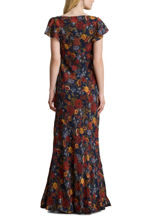 Ralph Lauren Floral Clipped Jacquard Cowlneck Gown In Brown