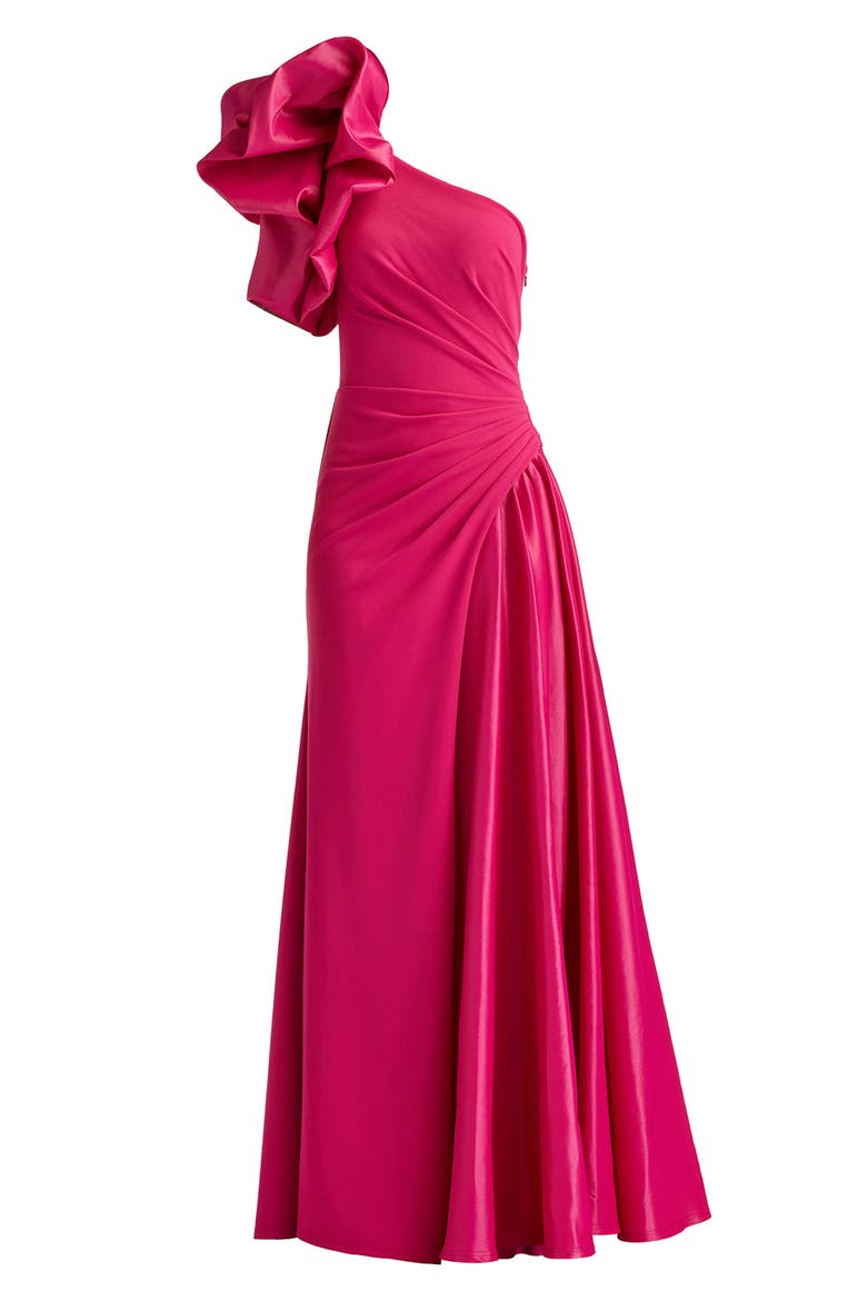 Puff Ruched One-Shoulder Gown, Alternate, color, HIBISCUS