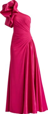 Tadashi Shoji Puff Ruched One-Shoulder Gown