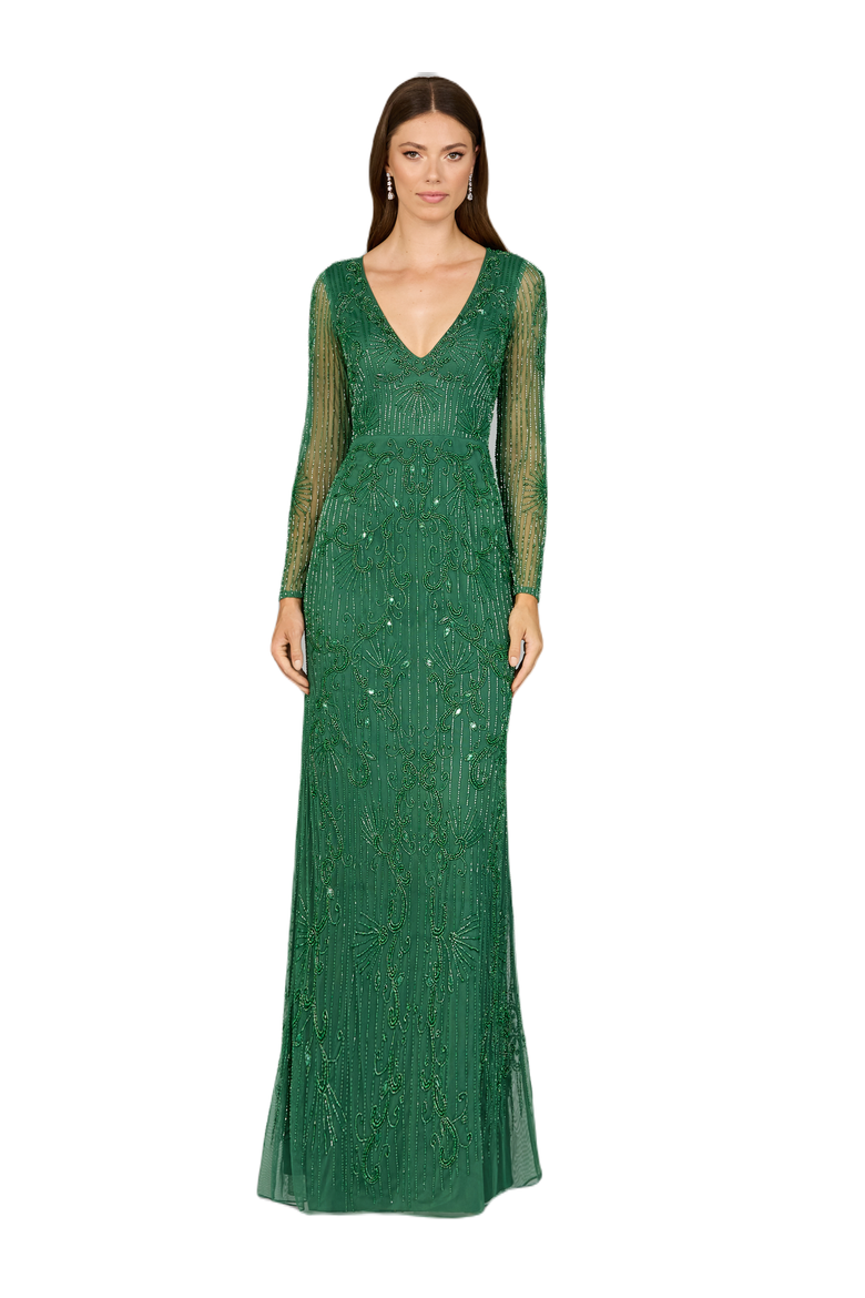 -Elegant Long Sleeve Beaded Gown, Main, color, ForestGreen